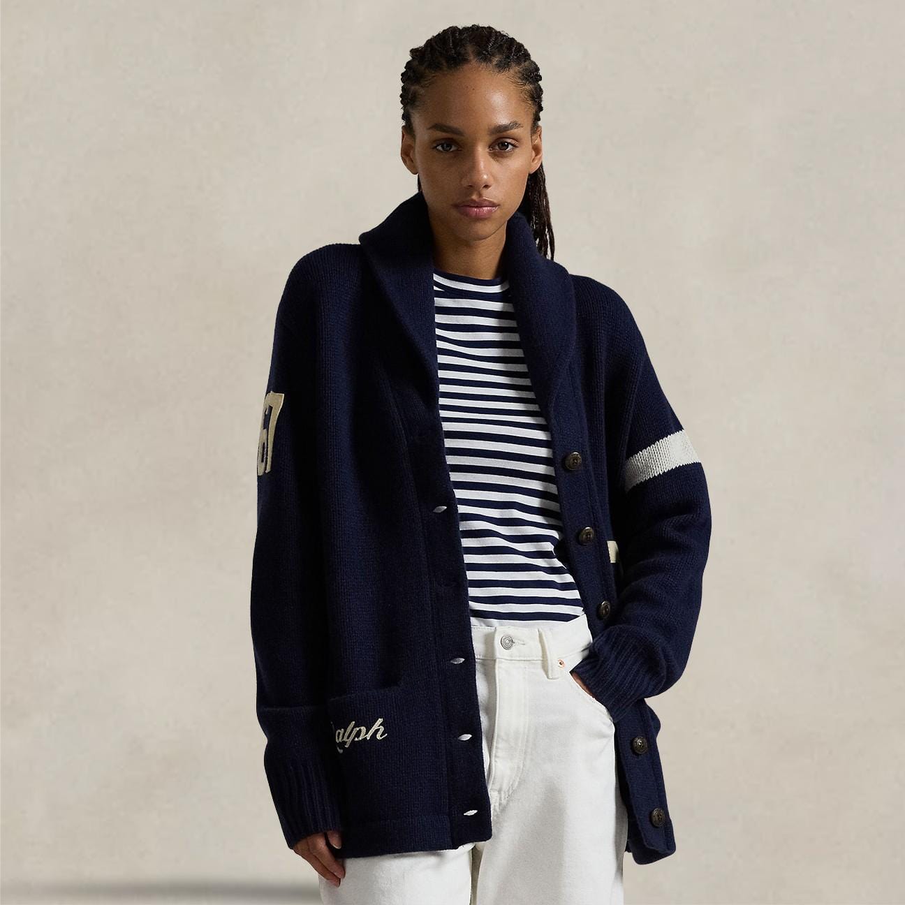 Cardigan con collo sciallato Blue 211941591 001 NAVY IVORY POLO RALPH LAUREN