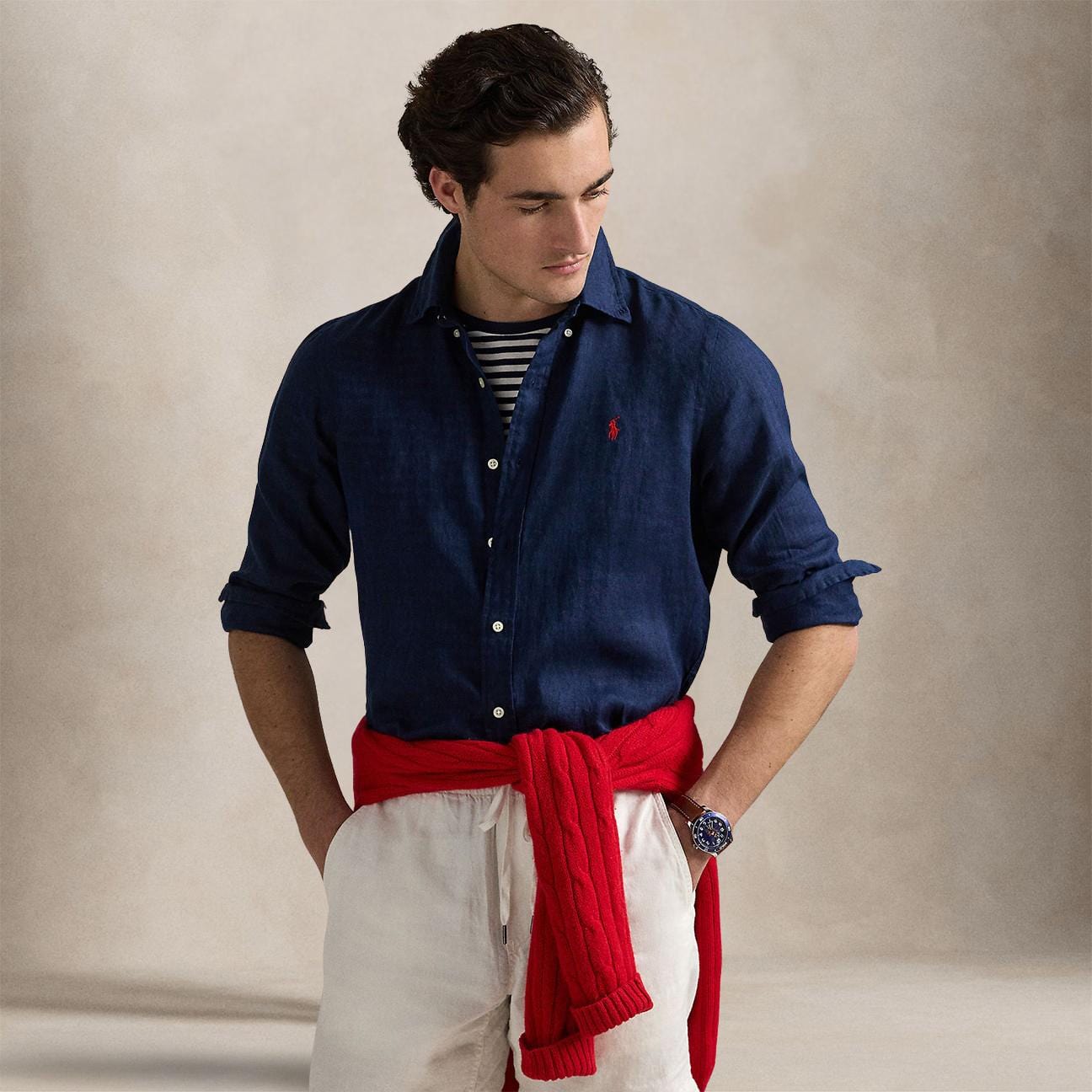 POLO RALPH LAUREN Camicia uomo in lino Custim Fit Blue