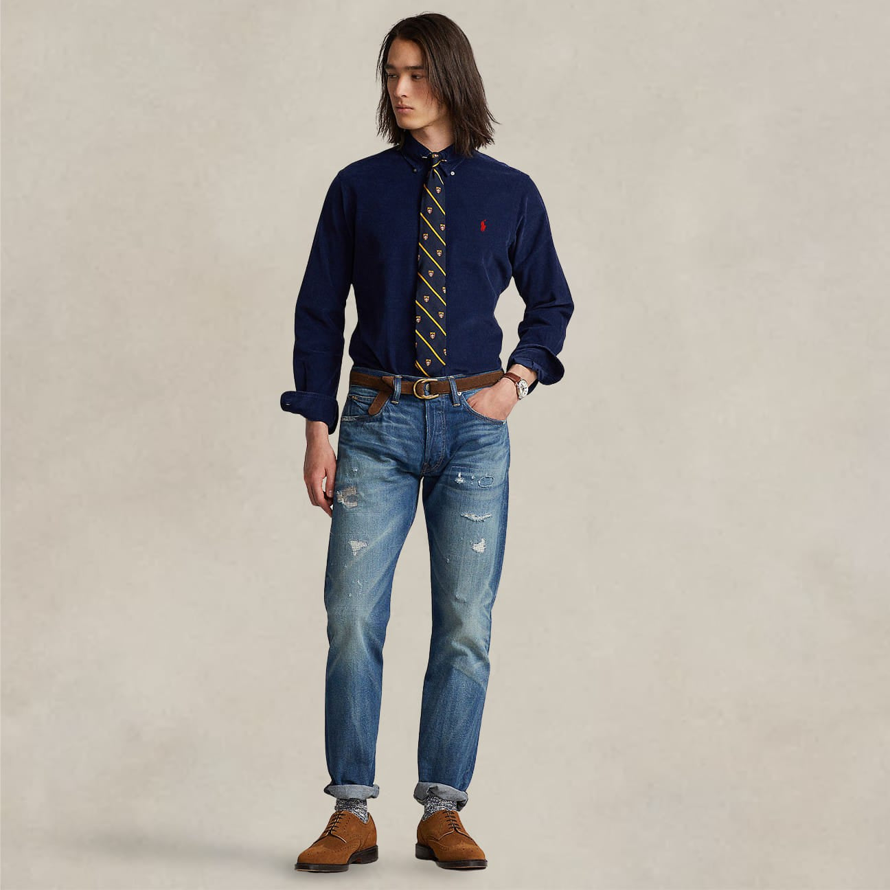 Camicia uomo in velluto Custom Fit Blue 710853123 008 NEWPORT NAVY POLO RALPH LAUREN 