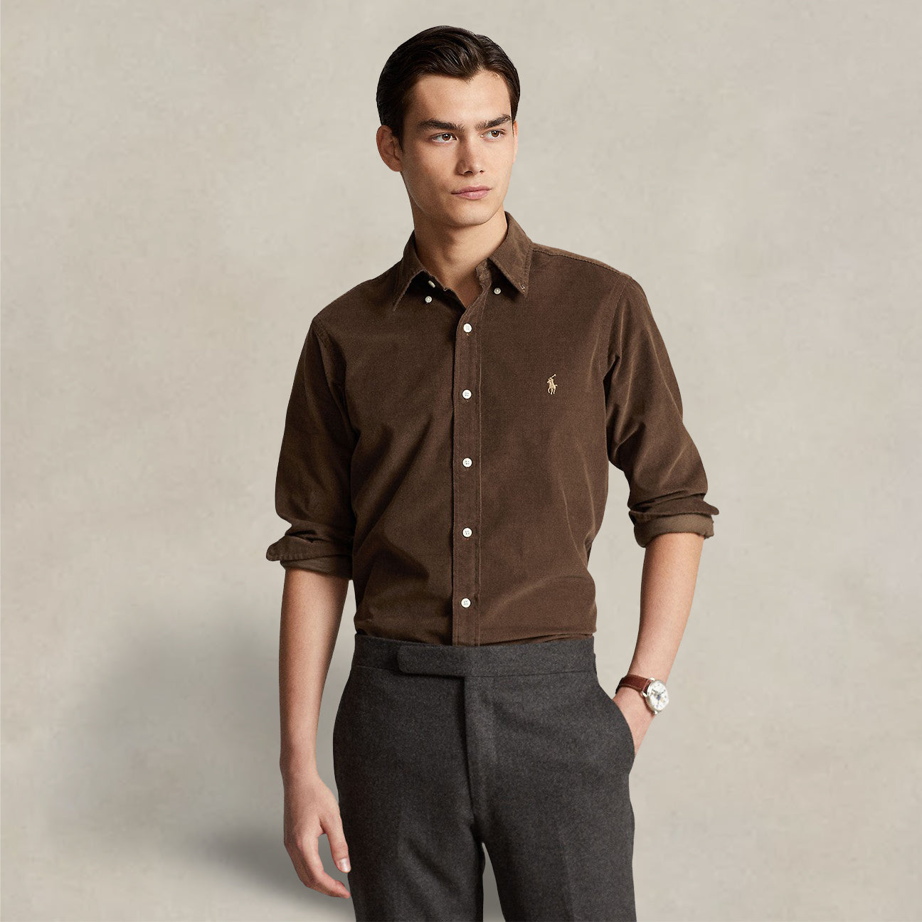 Camicia uomo in velluto Custom Fit Marrone 710853123 010 CHOCOLATE POLO RALPH LAUREN 
