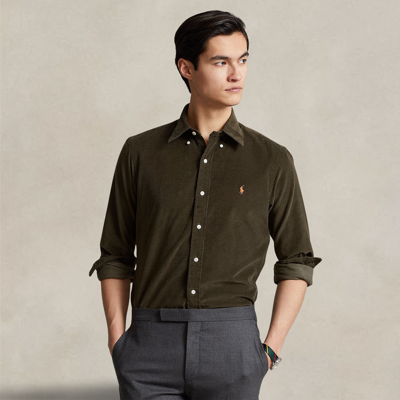 Camicia uomo in velluto Custom Fit Verde 710853123 011 CANOPY OLIVE POLO RALPH LAUREN 