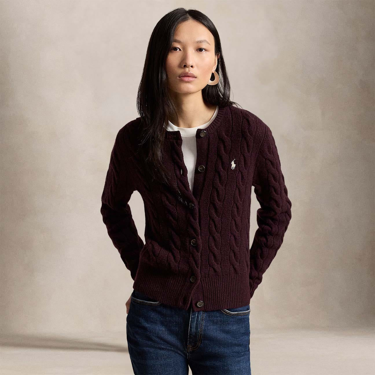 Cardigan donna in lana e cashmere Bordeaux 211972104506 DAMSON MELANGE POLO RALPH LAUREN 