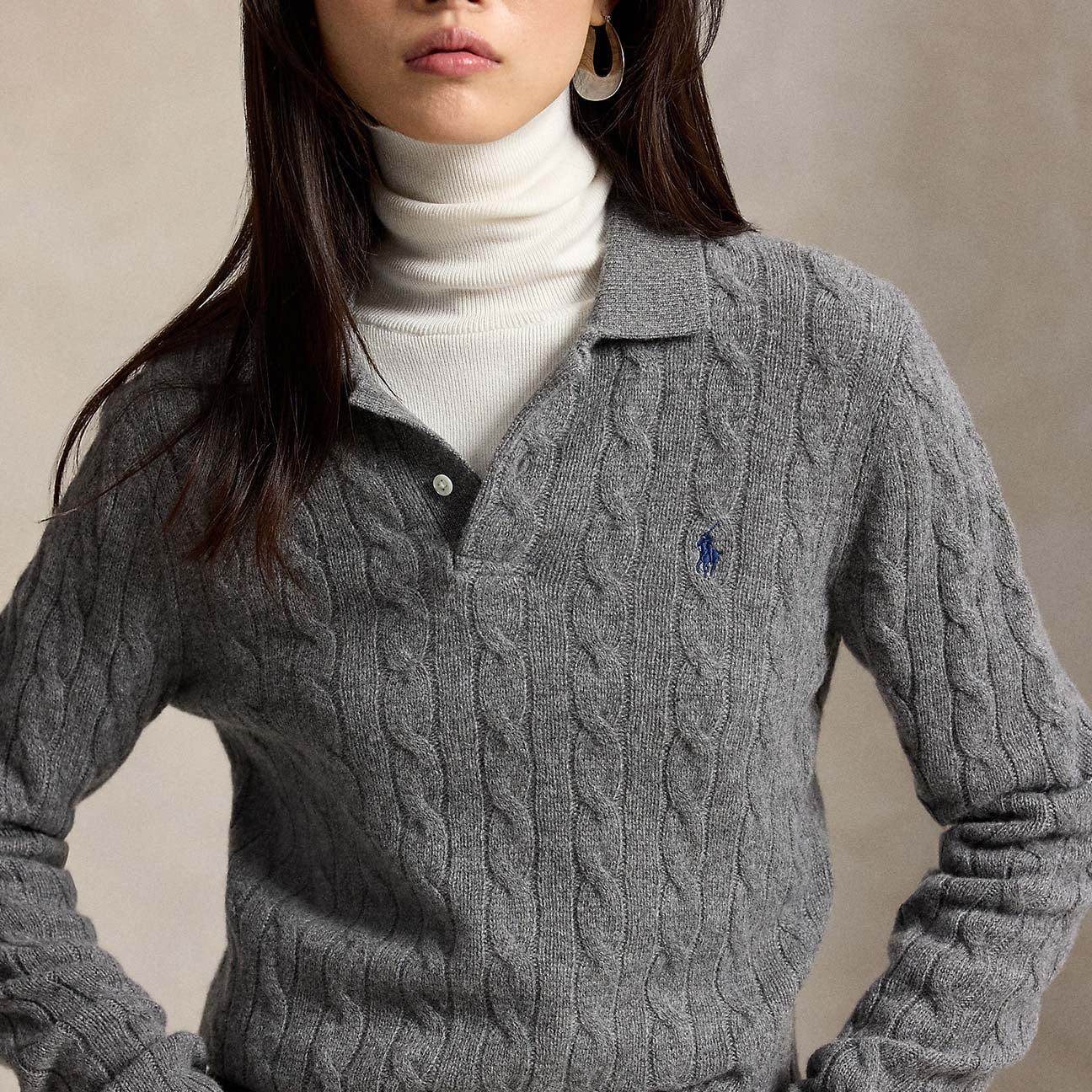 Polo donna in lana e cashmere a trecce Grigio 211972132500 FLANNEL GREY HEATHER POLO RALPH LAUREN 