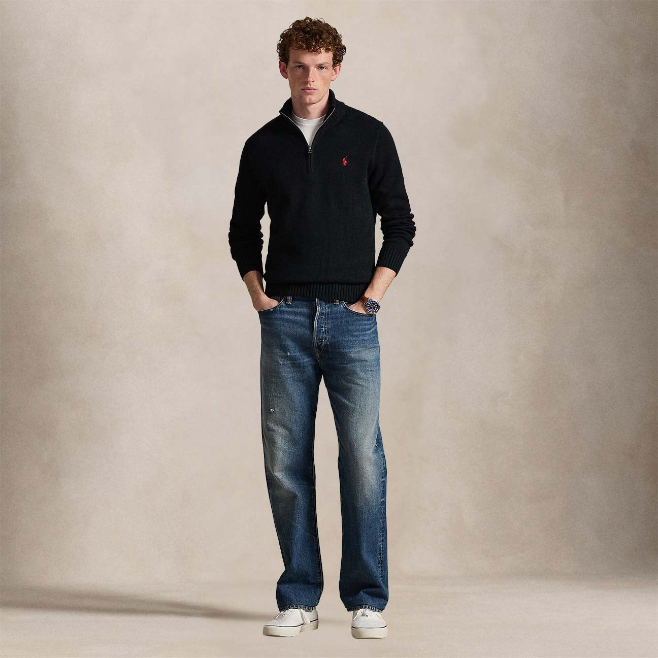 Maglio uomo in cotone con mezza zip Nero 710859939003 POLO BLACK POLO RALPH LAUREN 