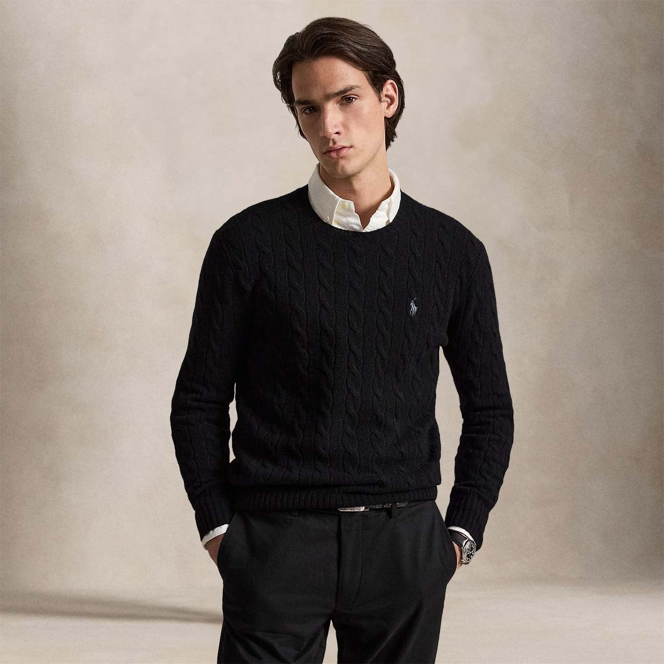 Maglia uomo a trecce girocollo Nero 710876762001 POLO BLACK POLO RALPH LAUREN 