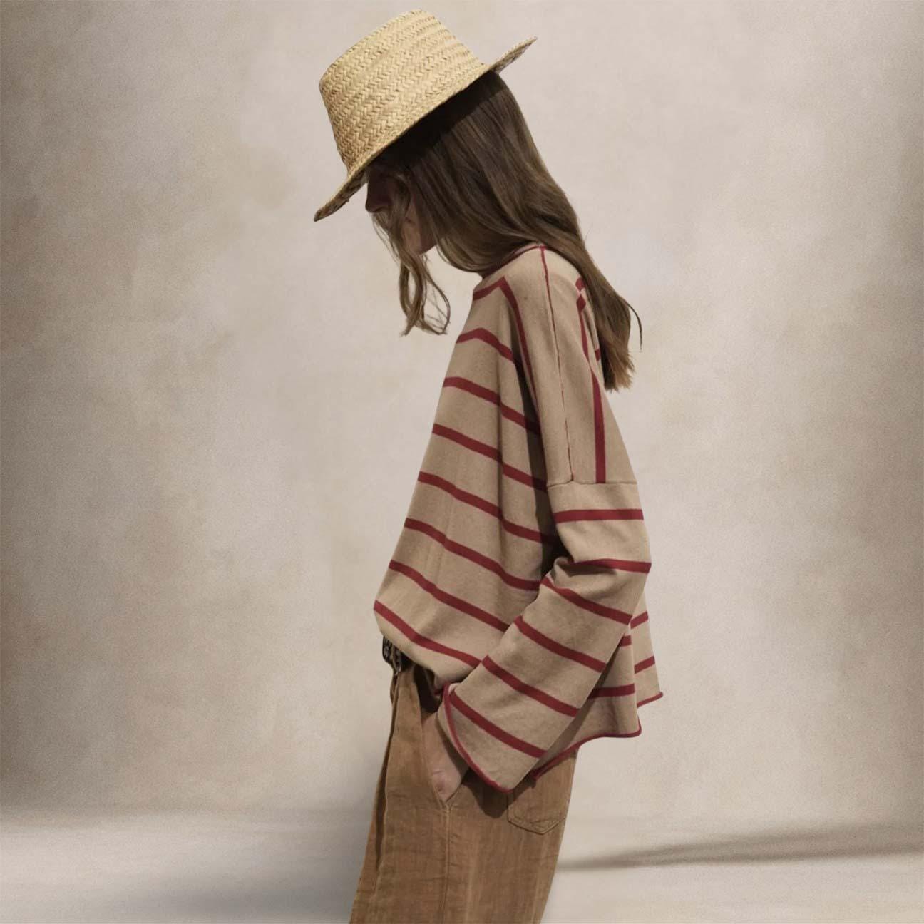 BE YOU Maglia donna a righe Beige e Rosso