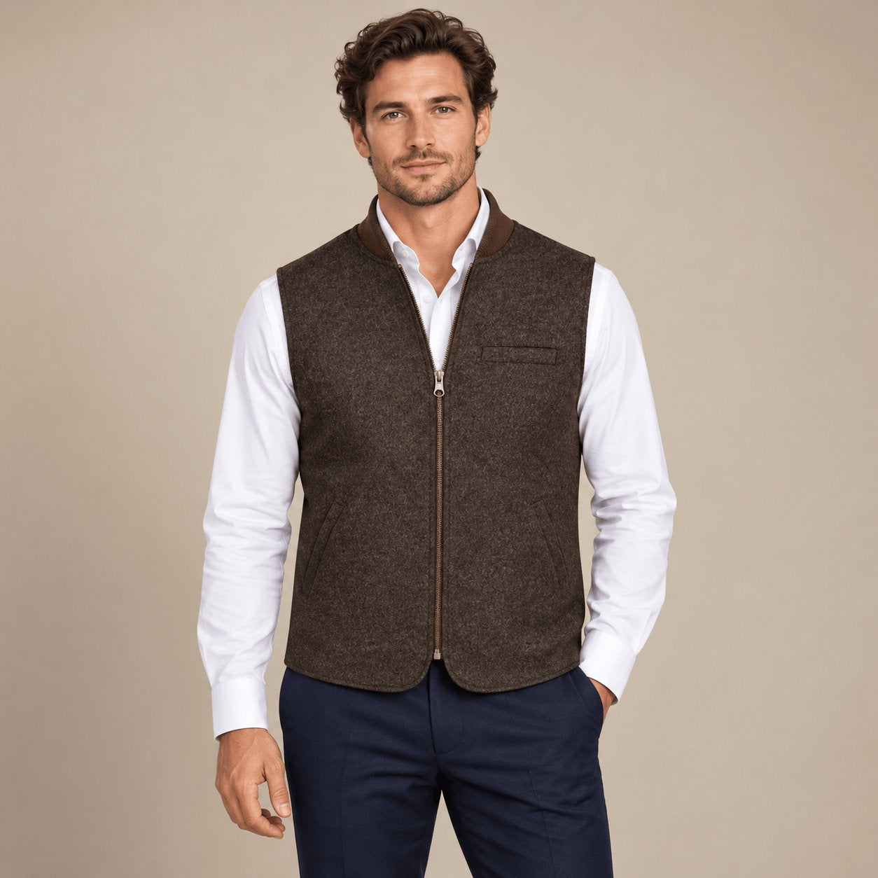 BL'KER Gilet uomo reversibile Owl in lana Donegal Marrone