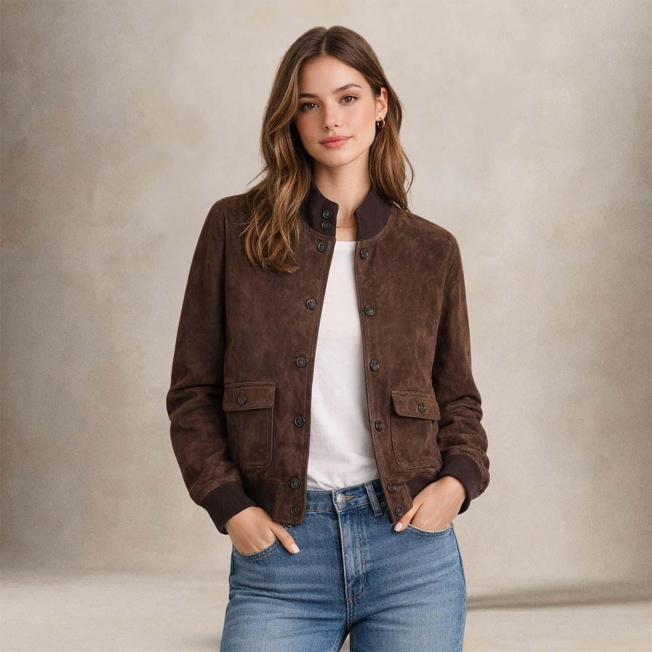 H.C.R. Giubbotto donna in pelle scamosciata Marrone