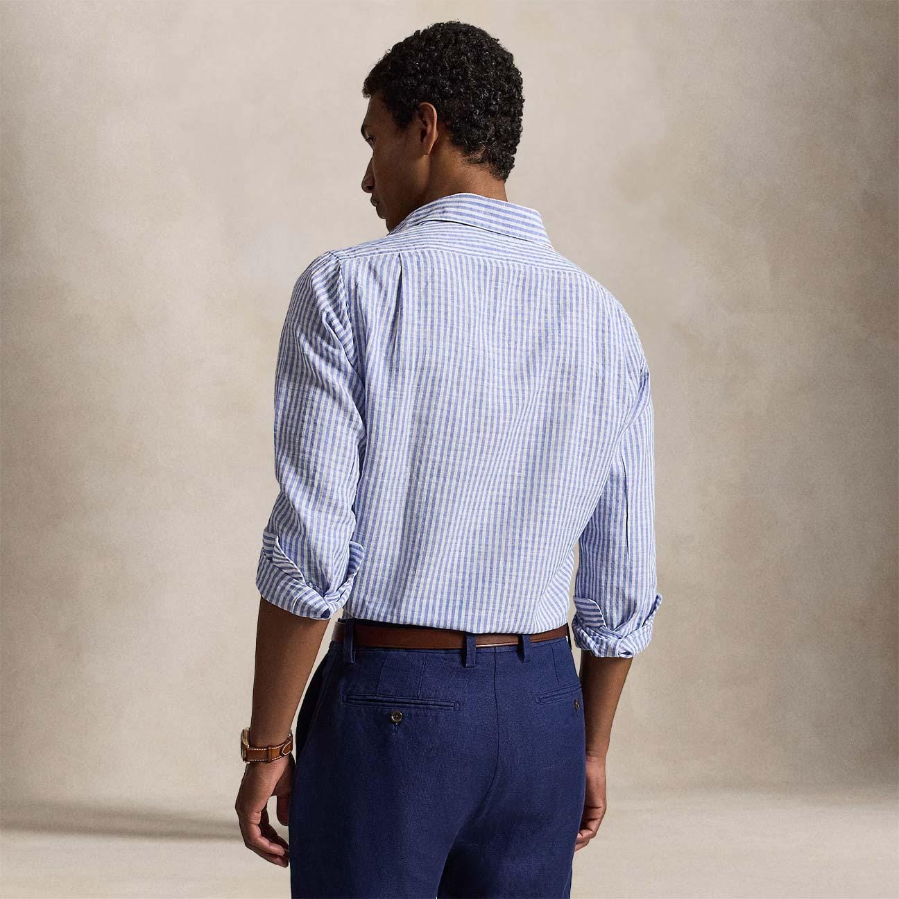 Camicia uomo Custom Fit in lino cotone seersucker Blue 710B16700 001 POLO RALPH LAUREN 