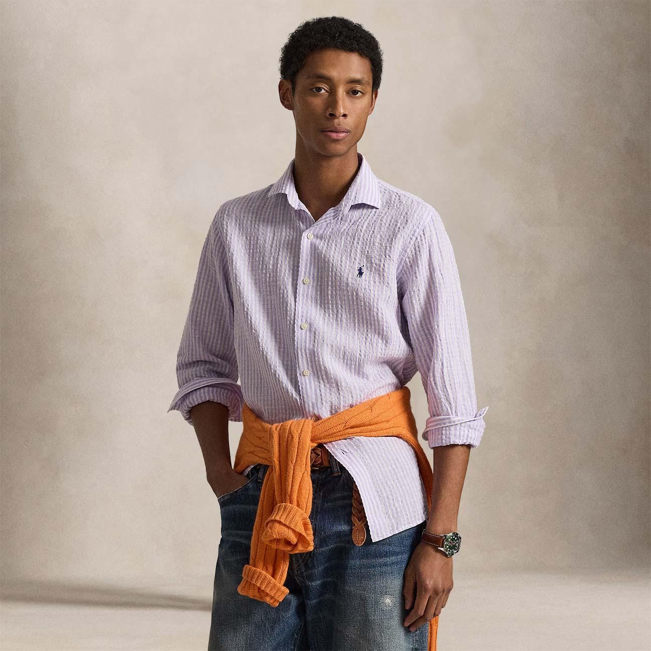 Camicia uomo Custom Fit in lino cotone seersucker Mauve 710B16700 003 POLO RALPH LAUREN 