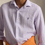 Camicia uomo Custom Fit in lino cotone seersucker Mauve 710B16700 003 POLO RALPH LAUREN 