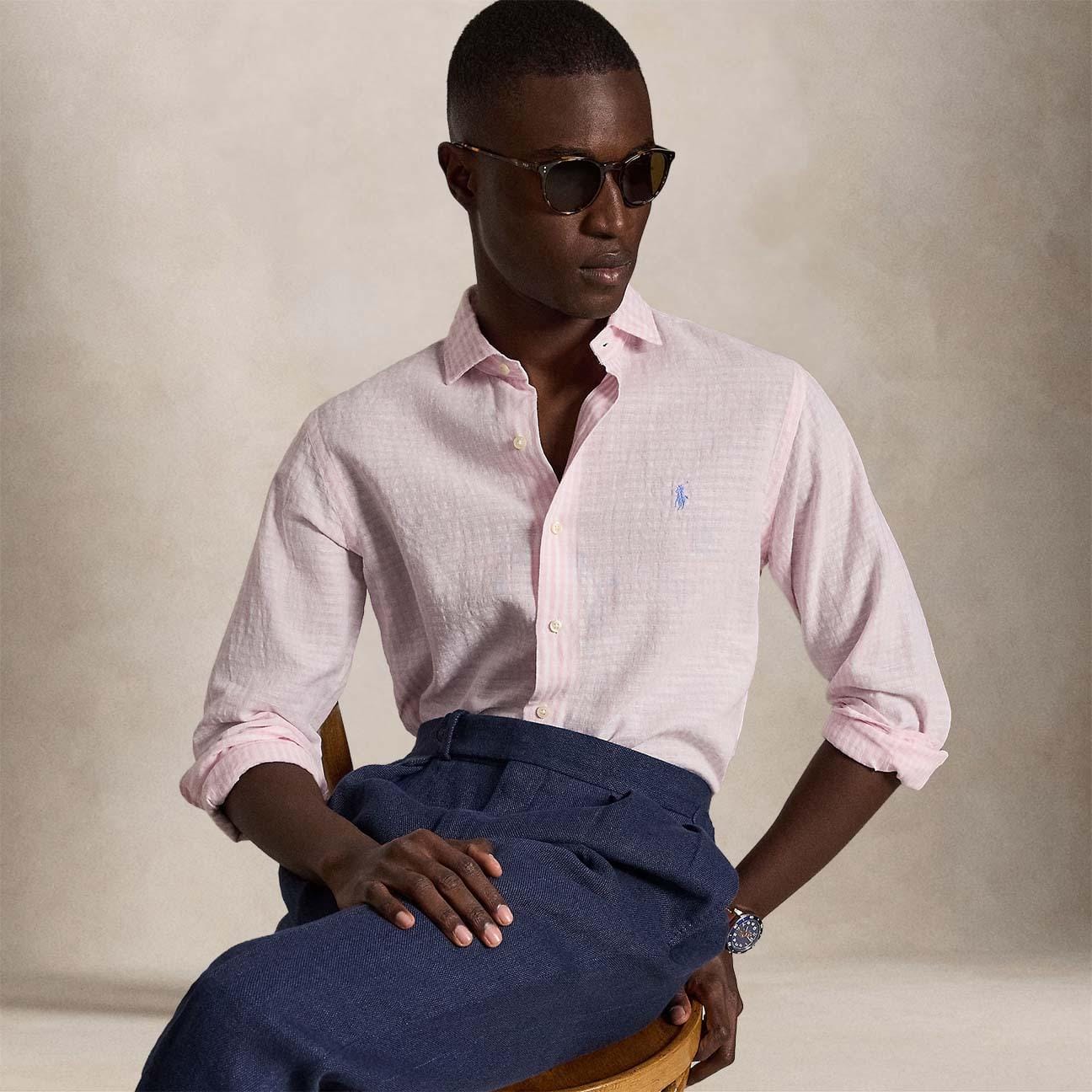Camicia uomo Custom Fit in lino cotone seersucker Rosa 710B16700 002 POLO RALPH LAUREN 