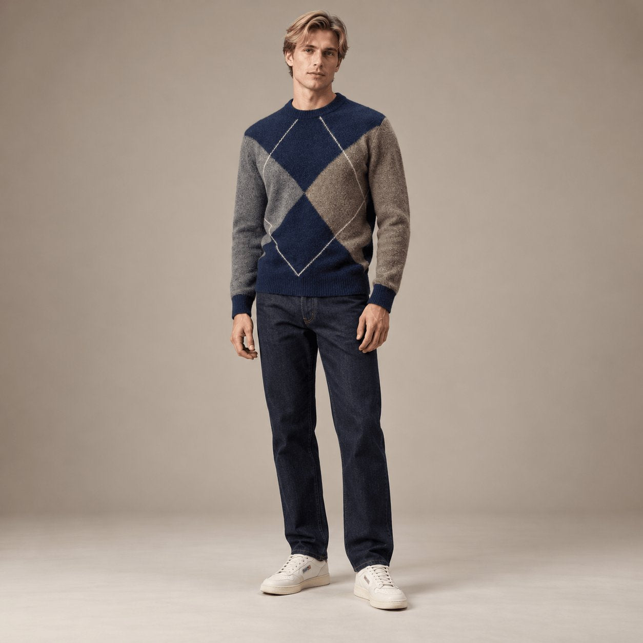 KANGRA Maglia uomo girocolo con rombi Blue e Beige