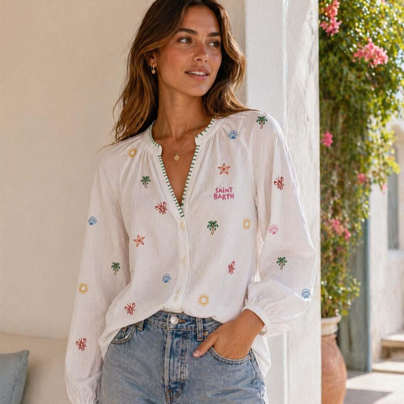 MC2 SAINT BARTH Camicia donna in cotone con ricami Bianco