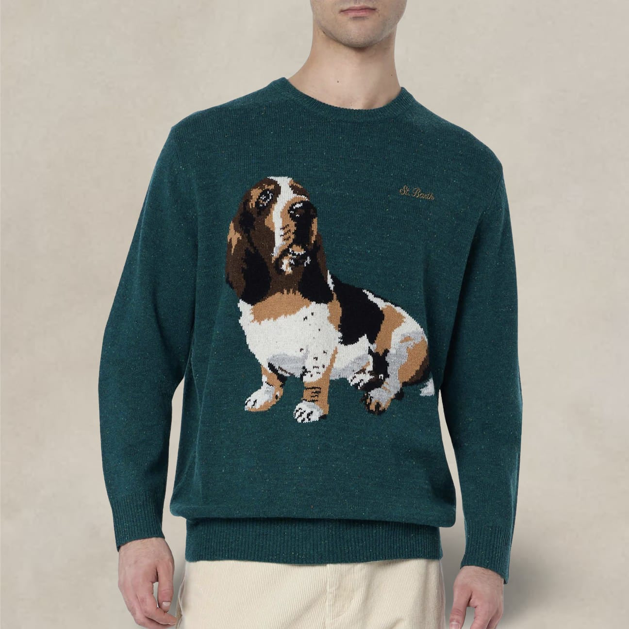 MC2 SAINT BARTH Maglione da uomo verde Airone con stampa basset hound