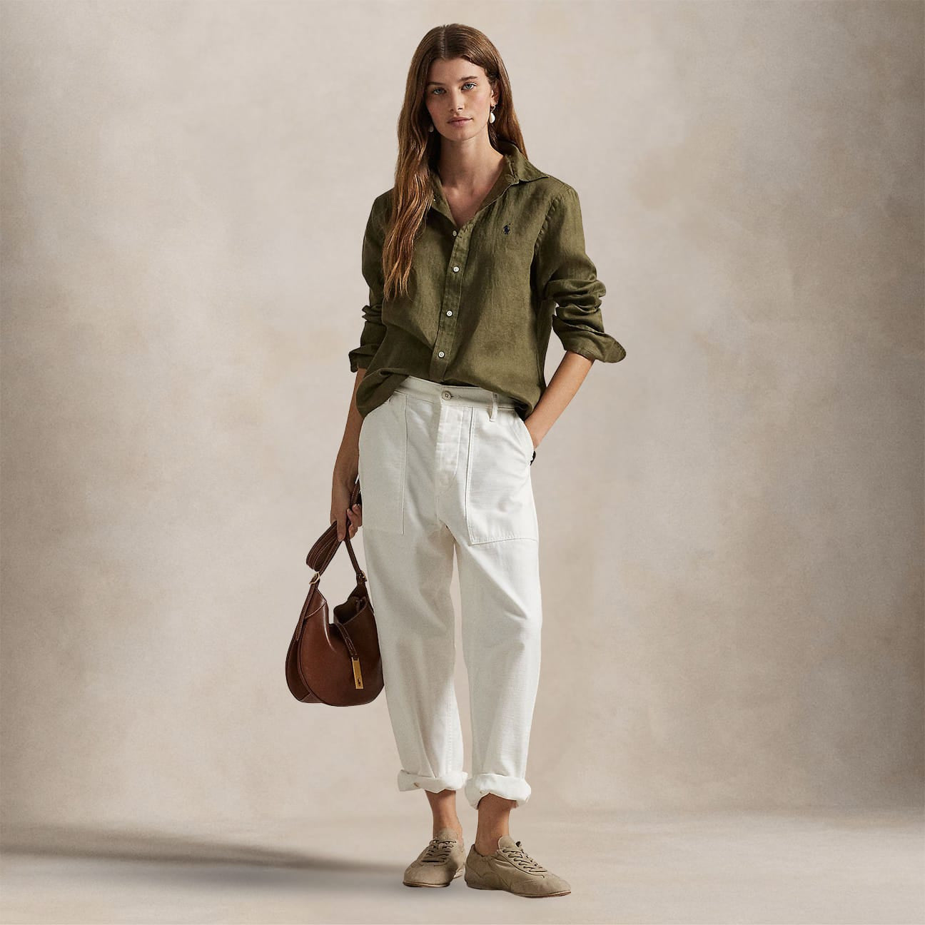 POLO RALPH LAUREN Camicia donna in lino Verde Militare