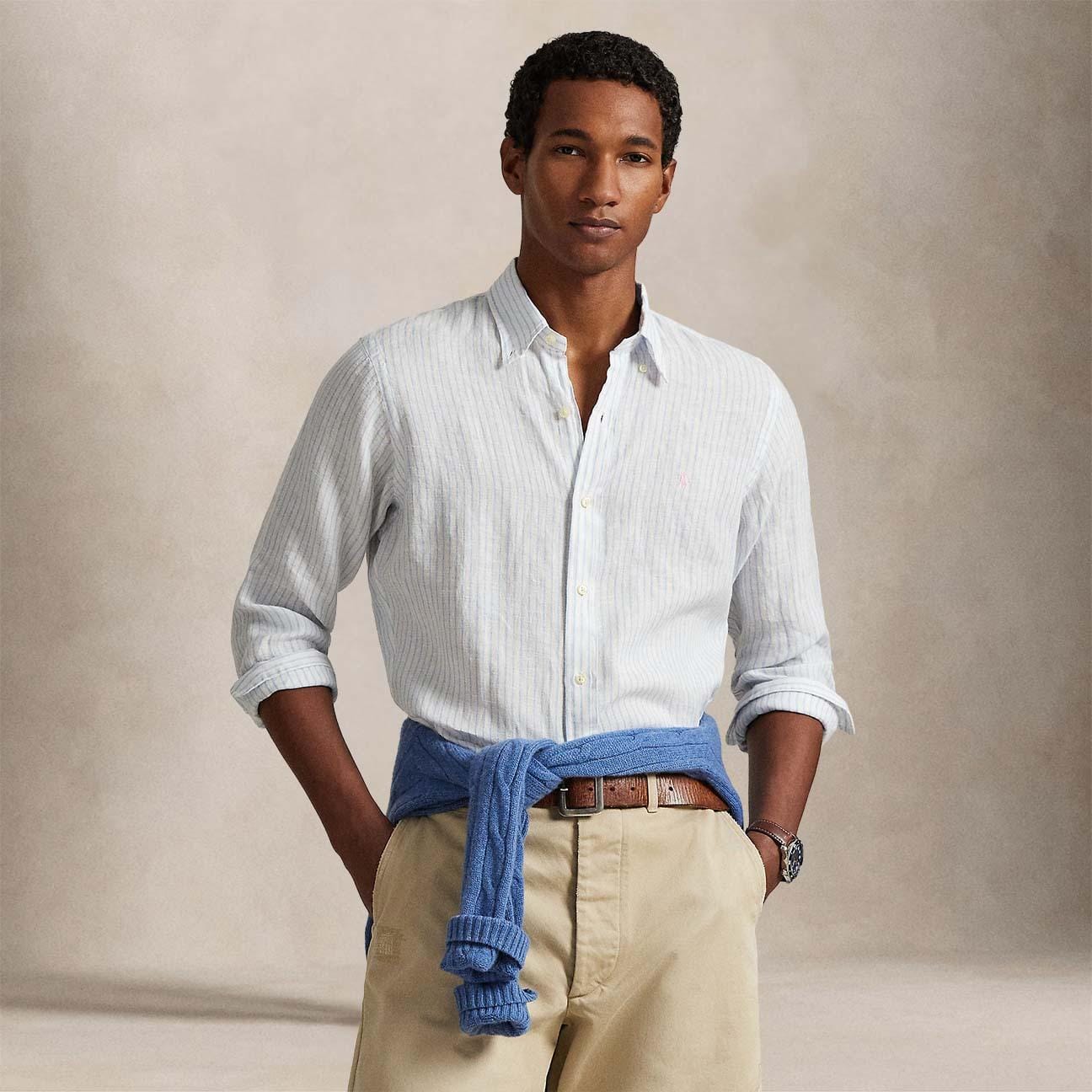 POLO RALPH LAUREN Camicia uomo Custom Fit in lino a righe Azzurro