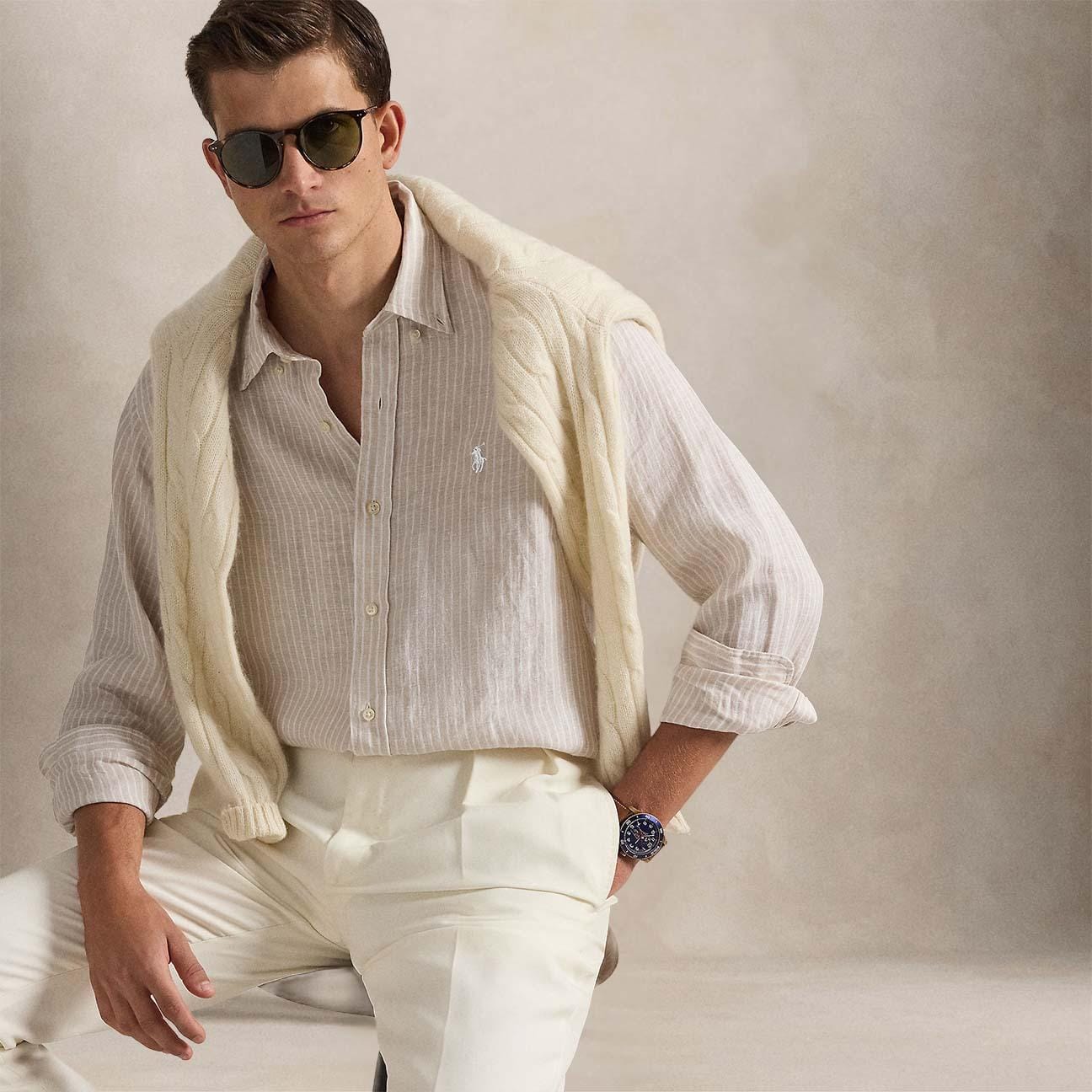 POLO RALPH LAUREN Camicia uomo Custom Fit in lino a righe Beige