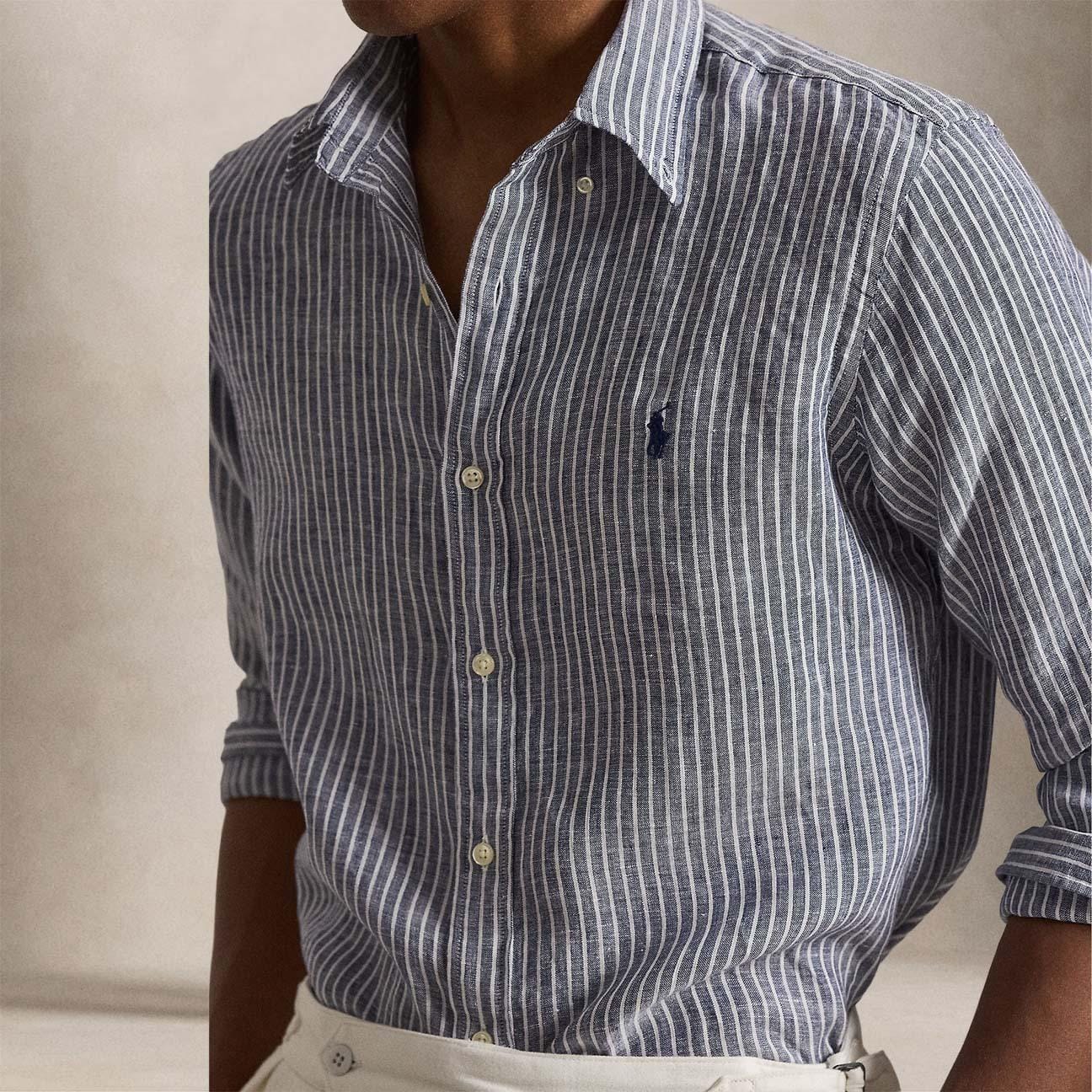 POLO RALPH LAUREN Camicia uomo Custom Fit in lino a righe Blue