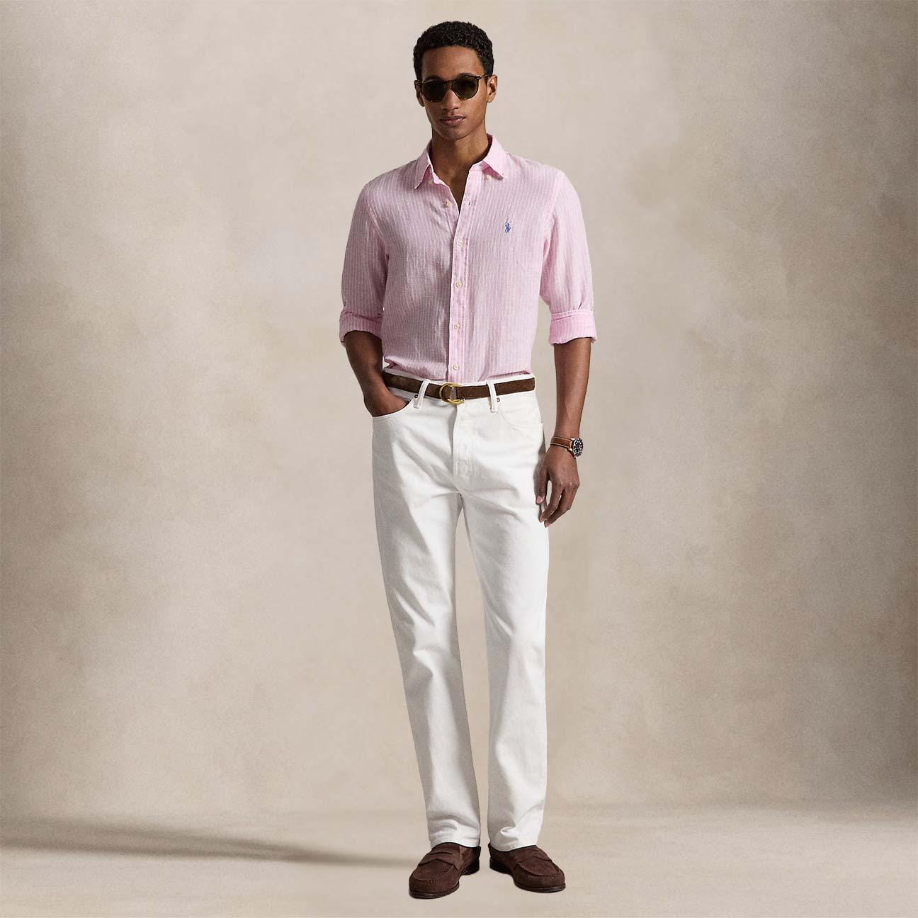 POLO RALPH LAUREN Camicia uomo Custom Fit in lino a righe Rosa