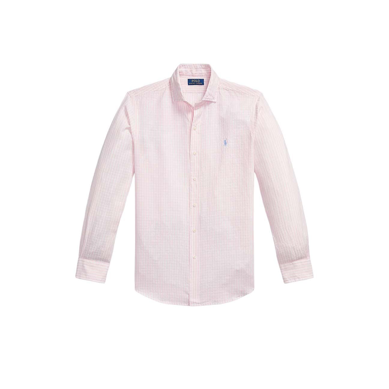 POLO RALPH LAUREN Camicia uomo Custom Fit in lino cotone seersucker Rosa