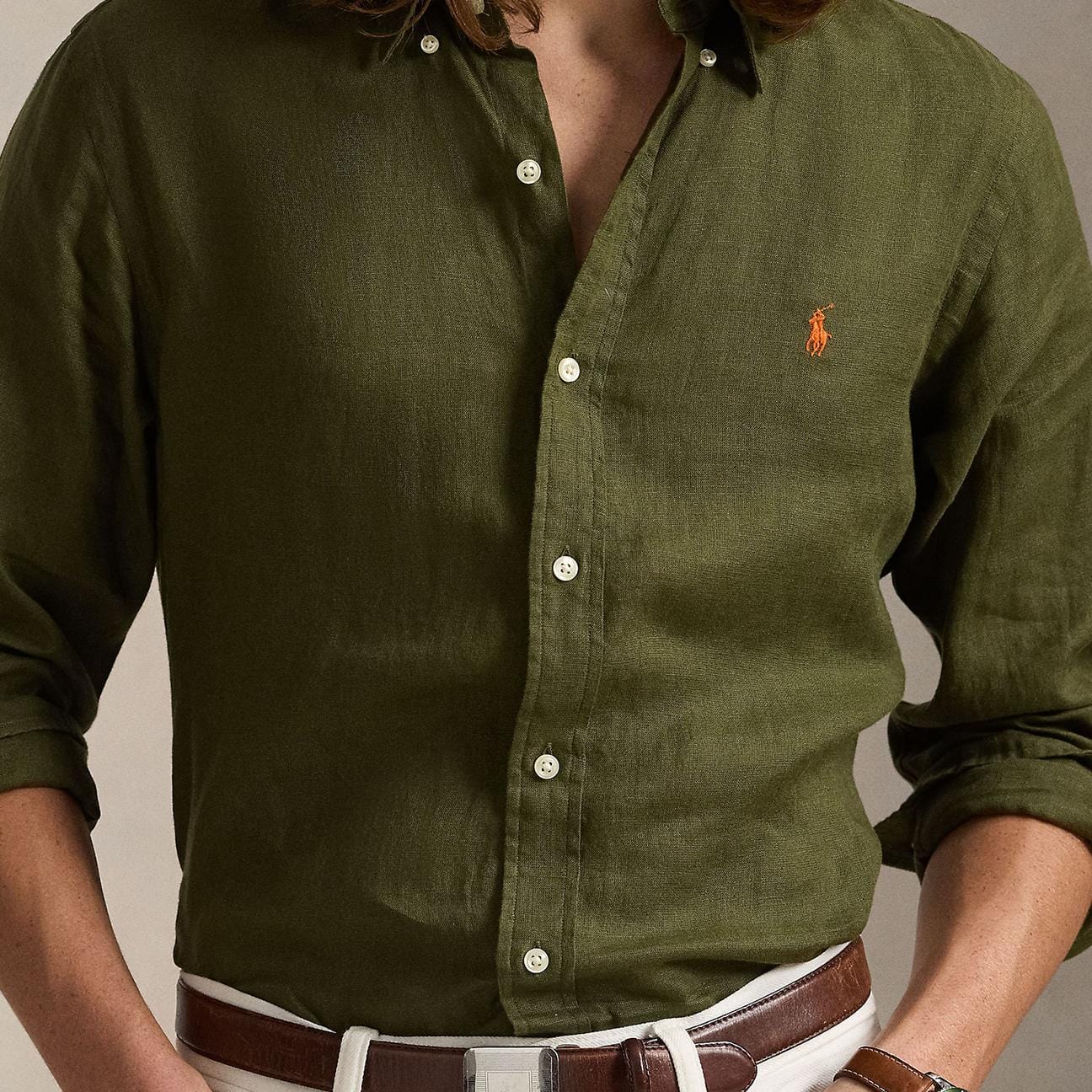 POLO RALPH LAUREN Camicia uomo in lino  Custim Fit Olive