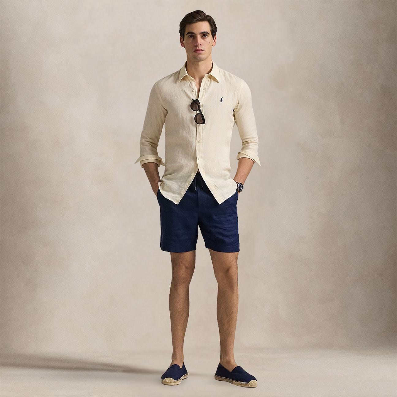 POLO RALPH LAUREN Camicia uomo in lino Custom Fit Cream