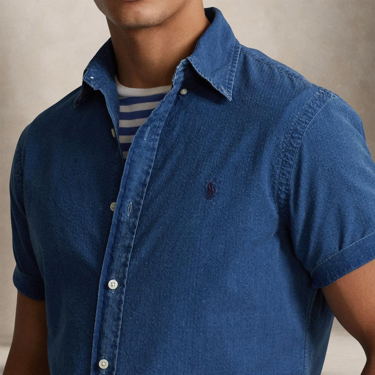 POLO RALPH LAUREN Camicia uomo in seersucker Custom Fit Blue