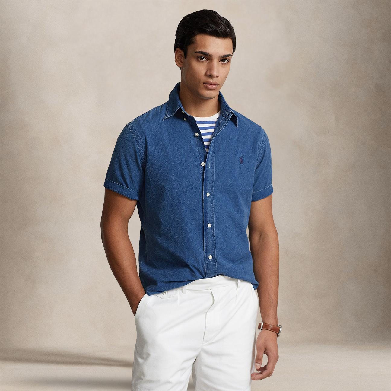 POLO RALPH LAUREN Camicia uomo in seersucker Custom Fit Blue