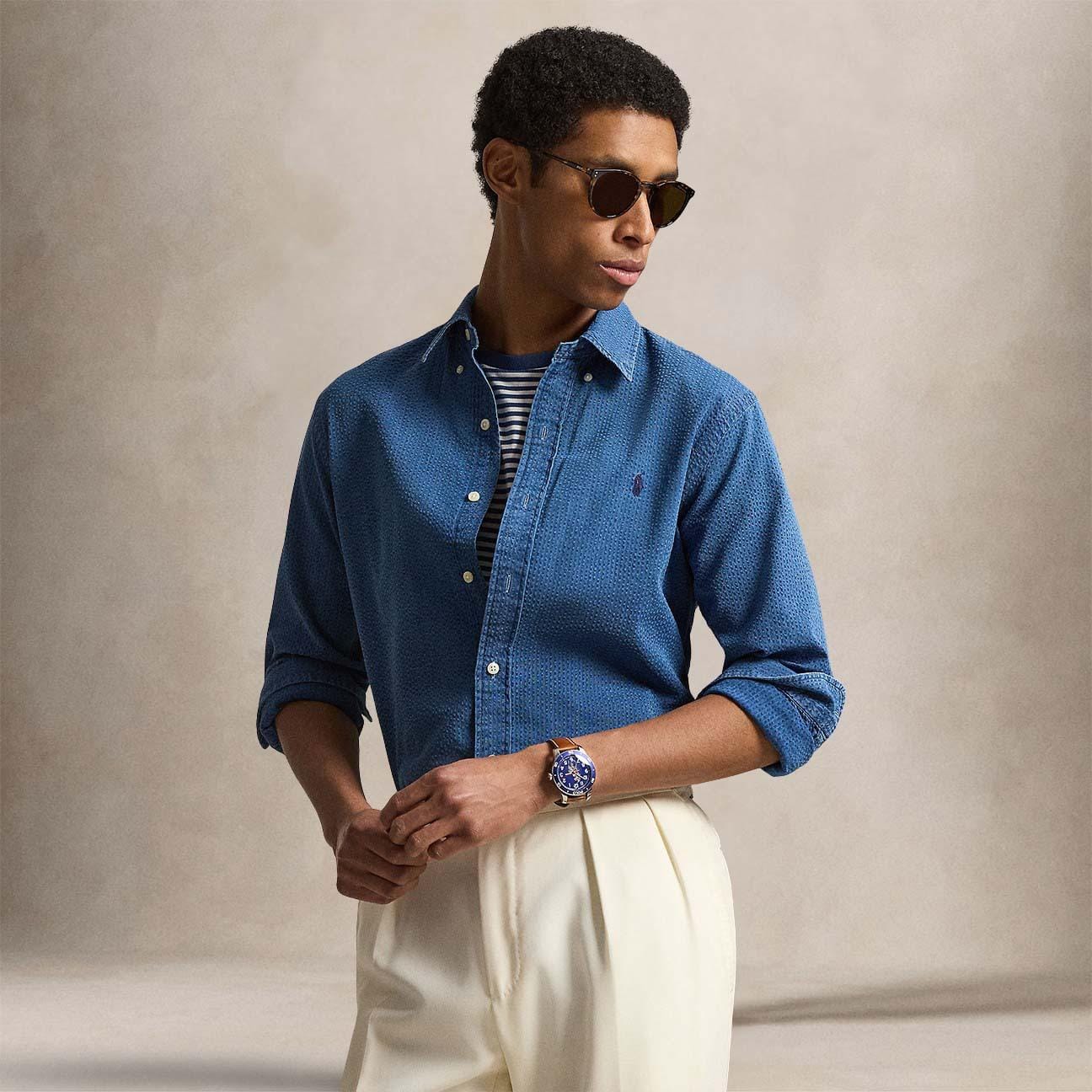 POLO RALPH LAUREN Camicia uomo  in seersucker Custom-Fit Blue