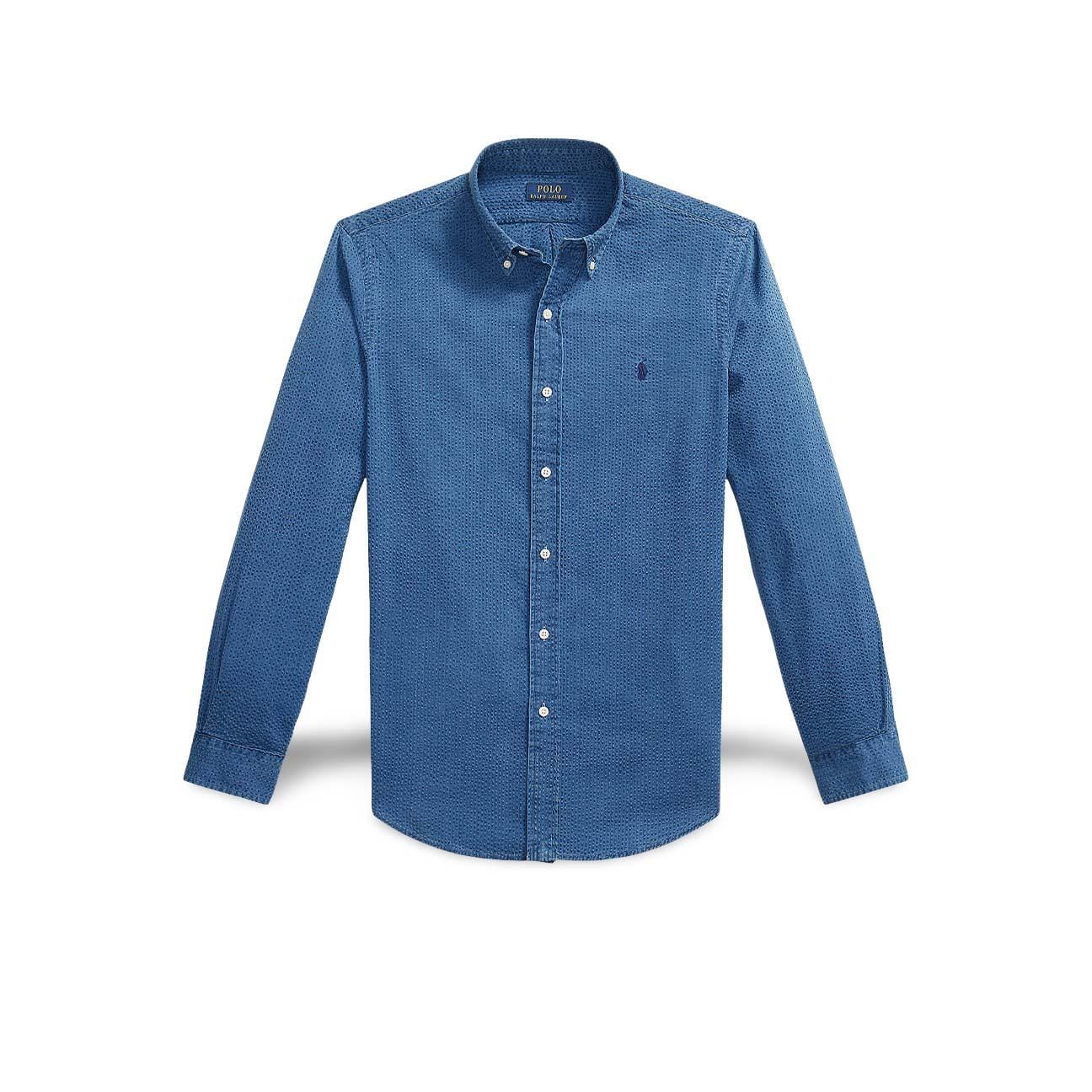 POLO RALPH LAUREN Camicia uomo  in seersucker Custom-Fit Blue