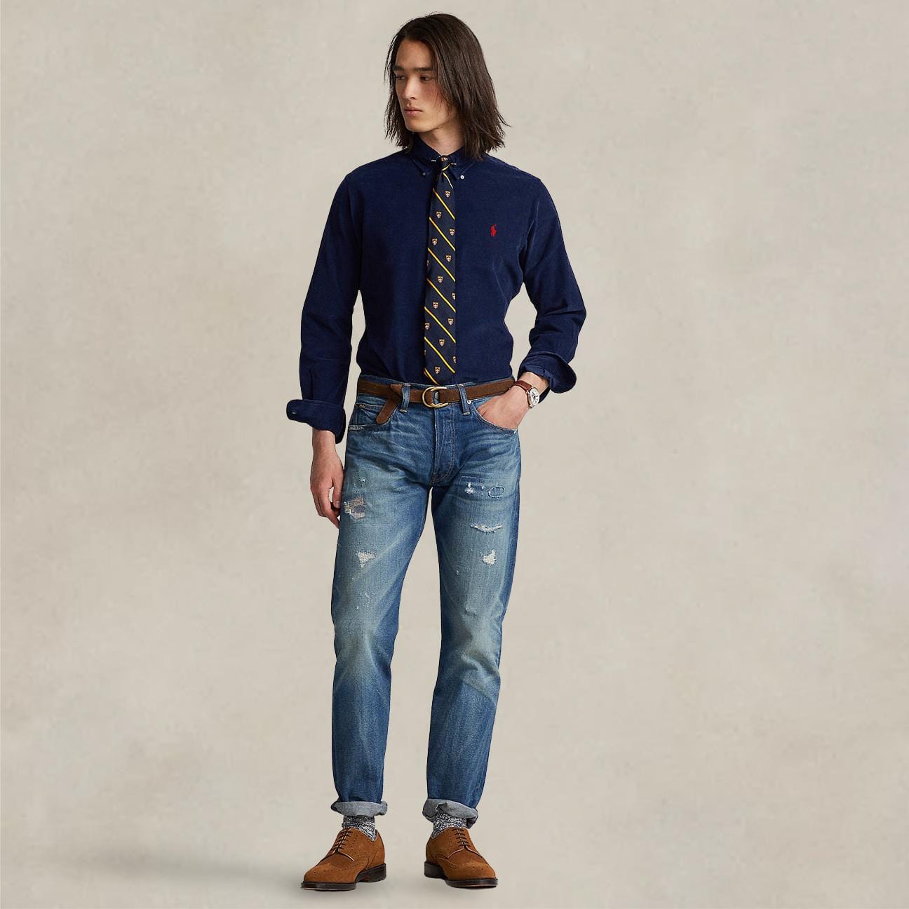 POLO RALPH LAUREN Camicia uomo in velluto Custom Fit Blue