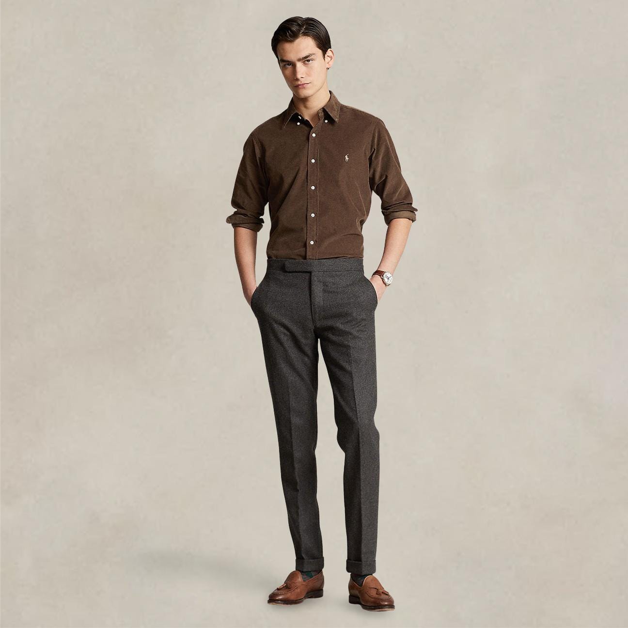 POLO RALPH LAUREN Camicia uomo in velluto Custom Fit Marrone