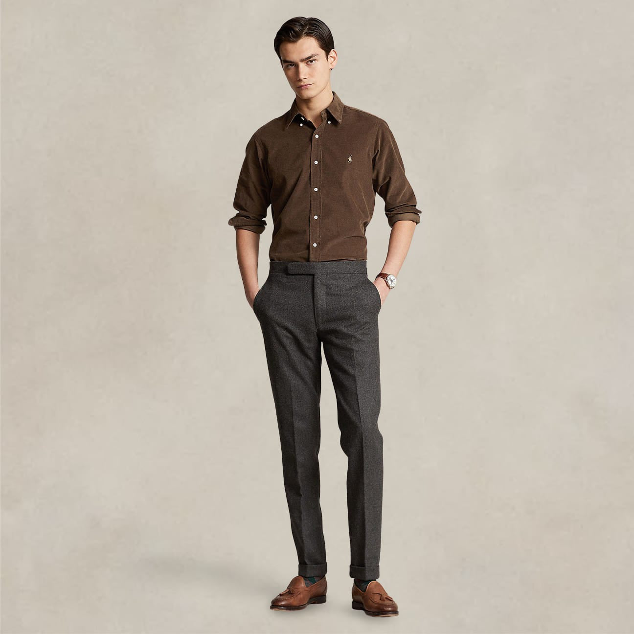 POLO RALPH LAUREN Camicia uomo in velluto Custom Fit Marrone