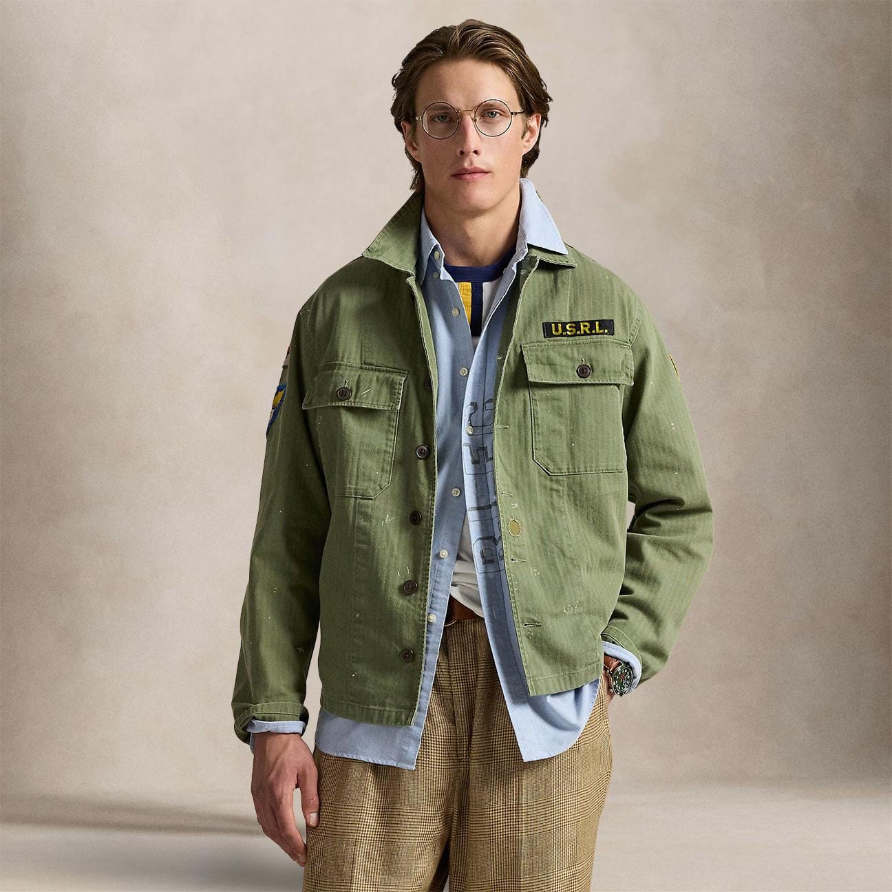 POLO RALPH LAUREN Camicia uomo militare Herringbone twill  Verde