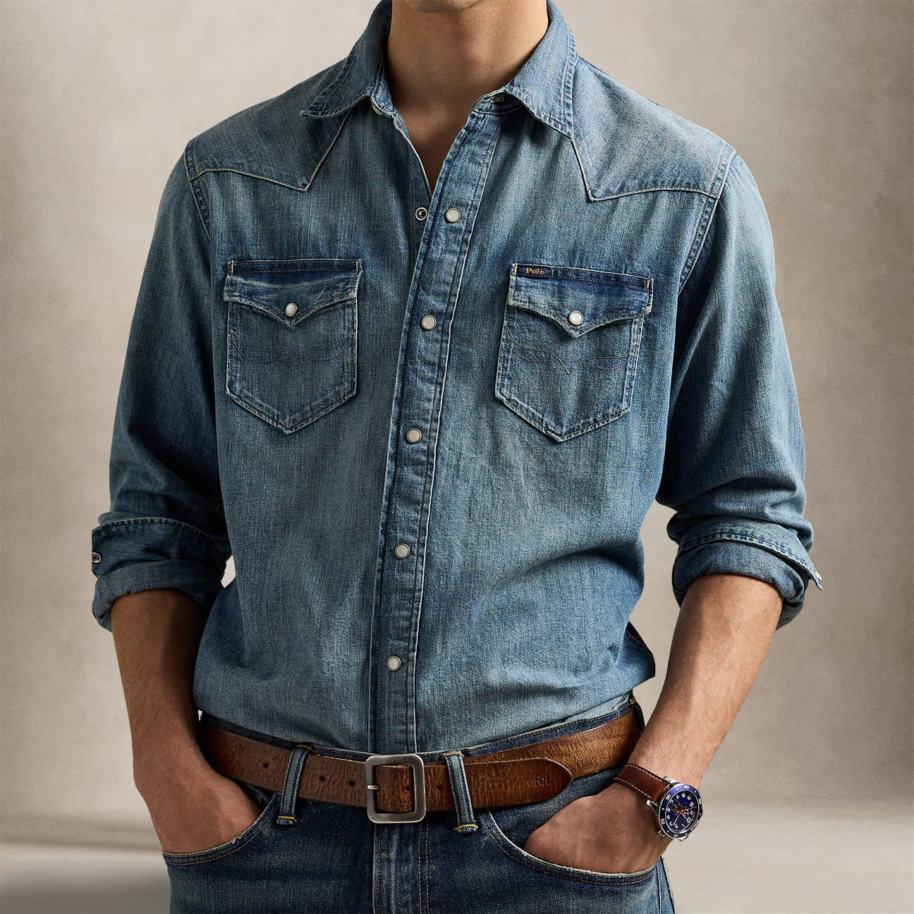 POLO RALPH LAUREN Camiciauomo Western in denim Azzurro