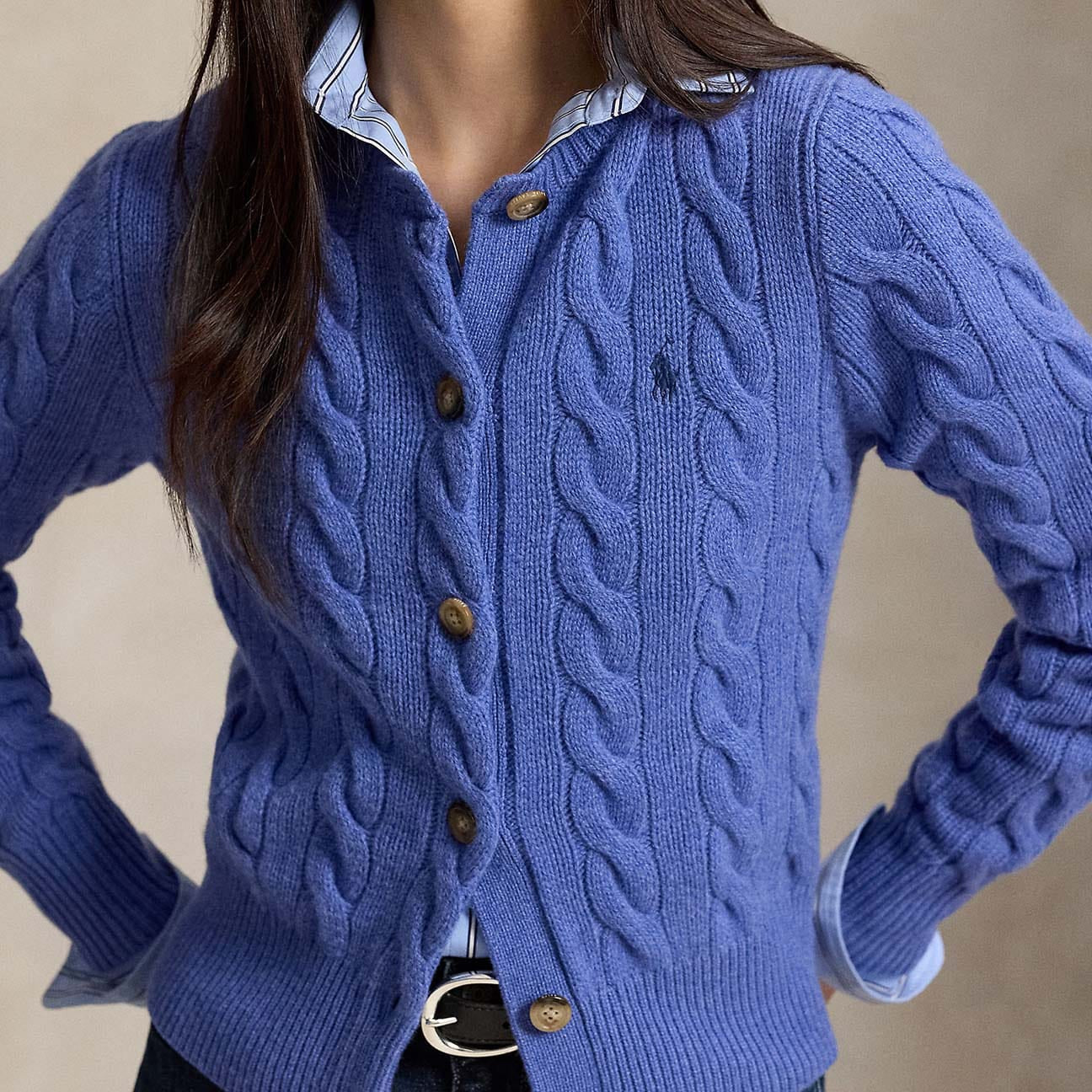 POLO RALPH LAUREN Cardigan donna in lana e cashmere Blue Heather