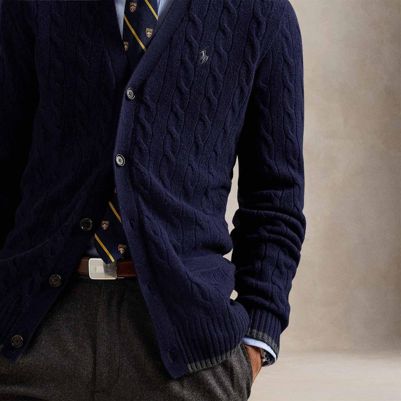 POLO RALPH LAUREN Cardigan uomo con trecce in lana e cashmere Blue