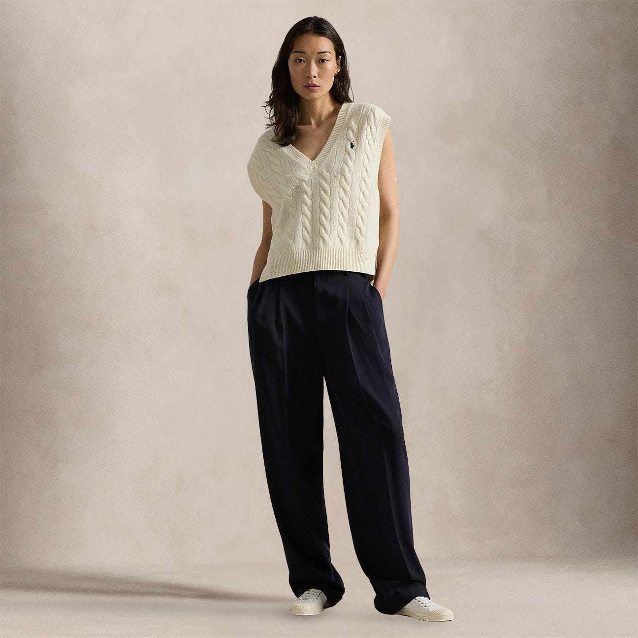 POLO RALPH LAUREN Gilet donna in lana e cashmere a trecce Bianco