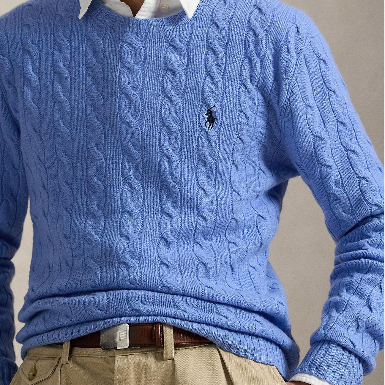 POLO RALPH LAUREN Maglia uomo con trecce in lana e cashmere Azzurro