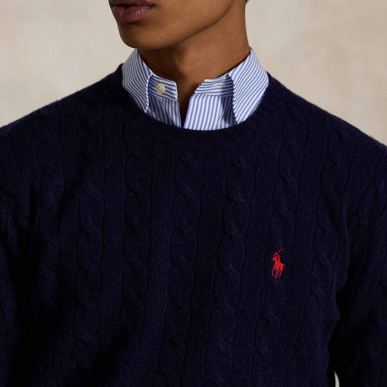 POLO RALPH LAUREN Maglia uomo con trecce in lana e cashmere Blue