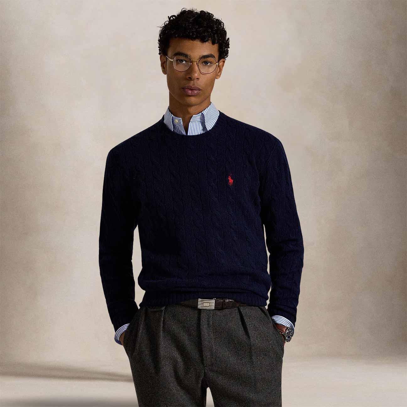 POLO RALPH LAUREN Maglia uomo con trecce in lana e cashmere Blue