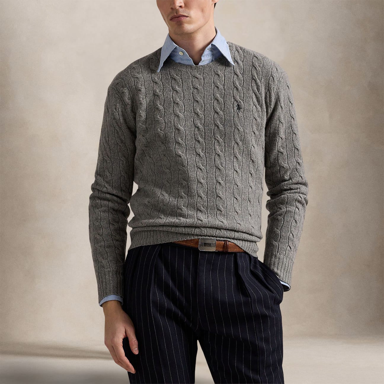 POLO RALPH LAUREN Maglia uomo con trecce in lana e cashmere Grigio