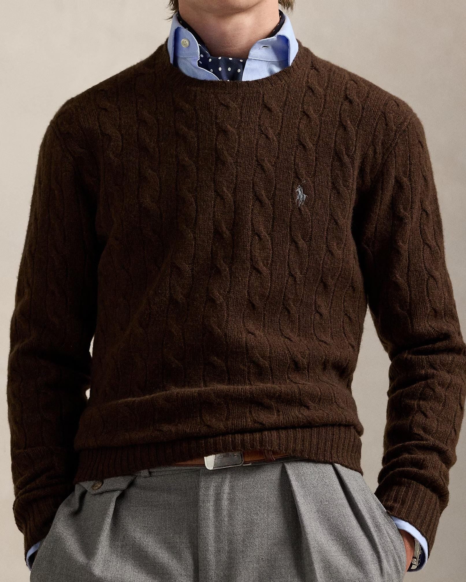 POLO RALPH LAUREN Maglia uomo con trecce in lana e cashmere Marrone