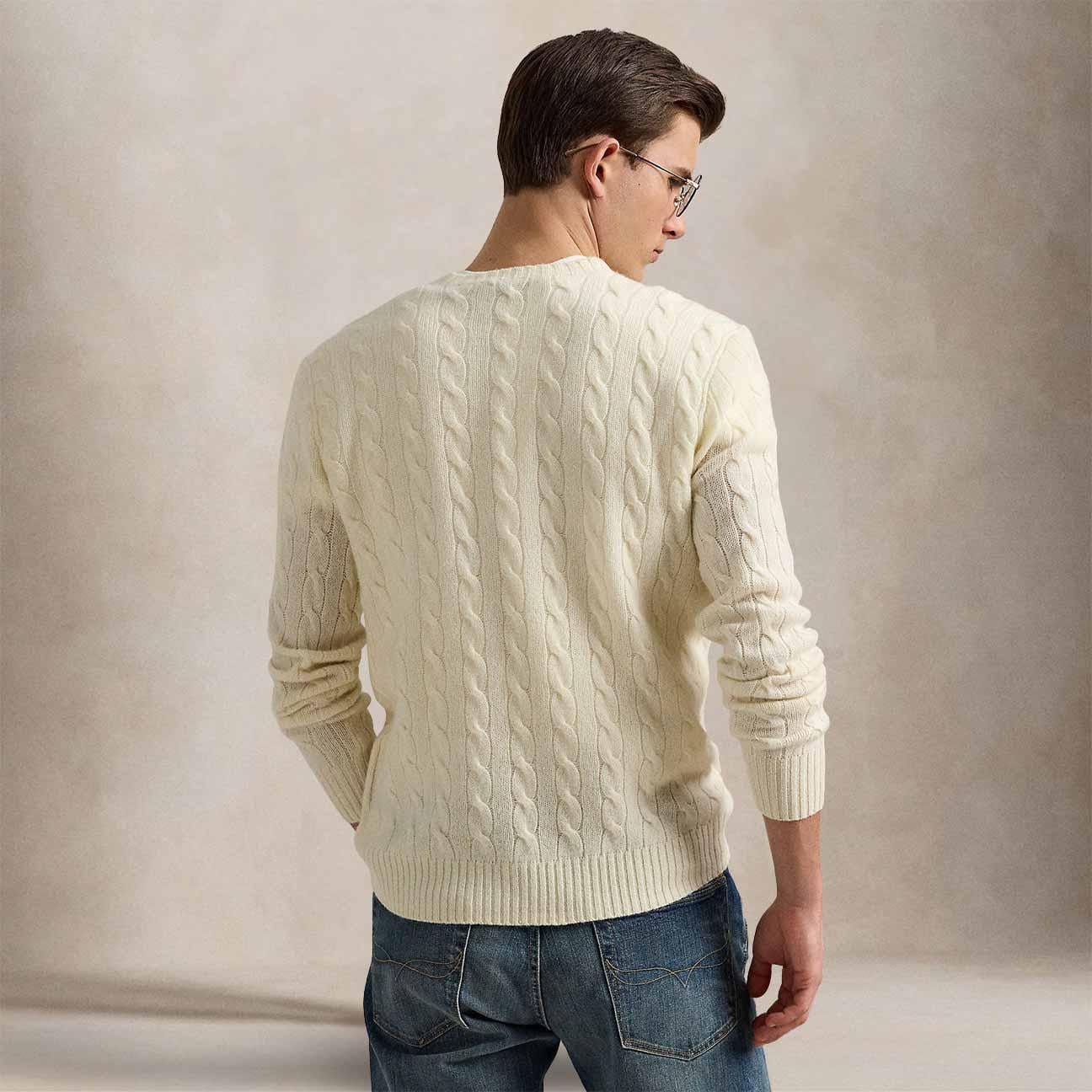 POLO RALPH LAUREN Maglia uomo con trecce in lana e cashmere Panna