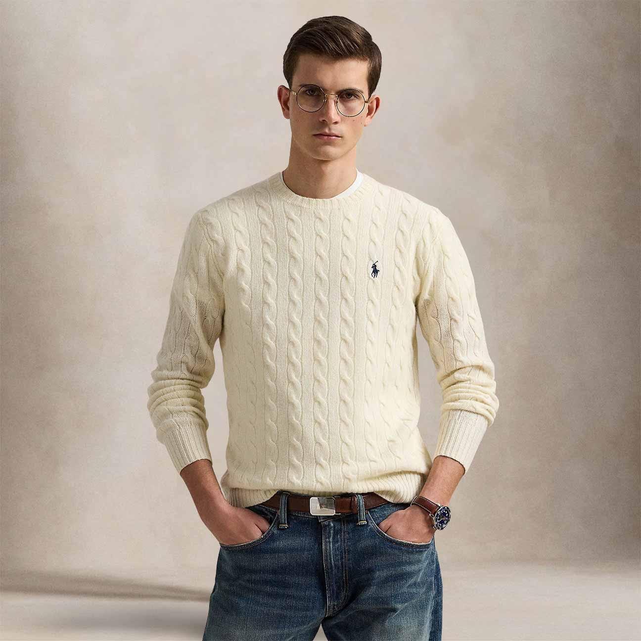 POLO RALPH LAUREN Maglia uomo con trecce in lana e cashmere Panna