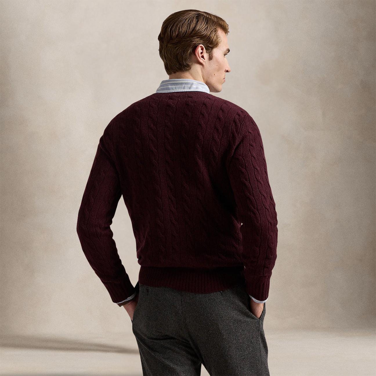 POLO RALPH LAUREN Maglia uomo con trecce in lana e cashmere Wine