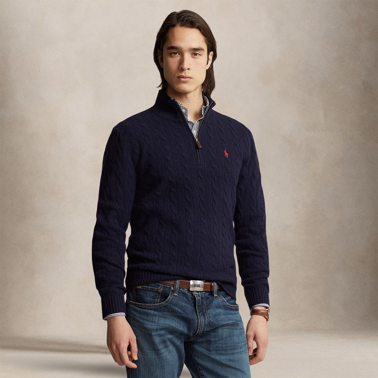 POLO RALPH LAUREN Maglia uomo in lana e cashmere a trecce Blue
