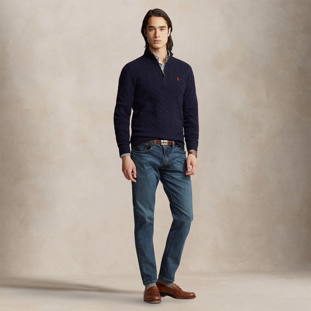 POLO RALPH LAUREN Maglia uomo in lana e cashmere a trecce Blue