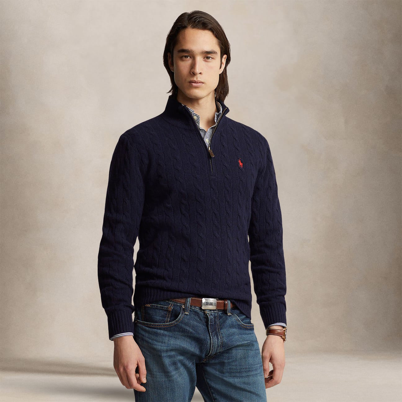 POLO RALPH LAUREN Maglia uomo in lana e cashmere a trecce Blue